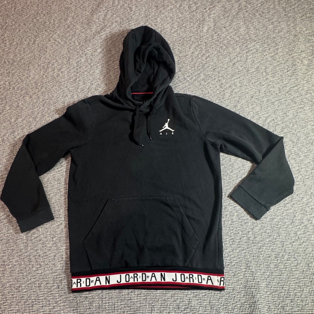 Air Jordan Mens Pullover Hoodie Black White Red Logo Hem Size M